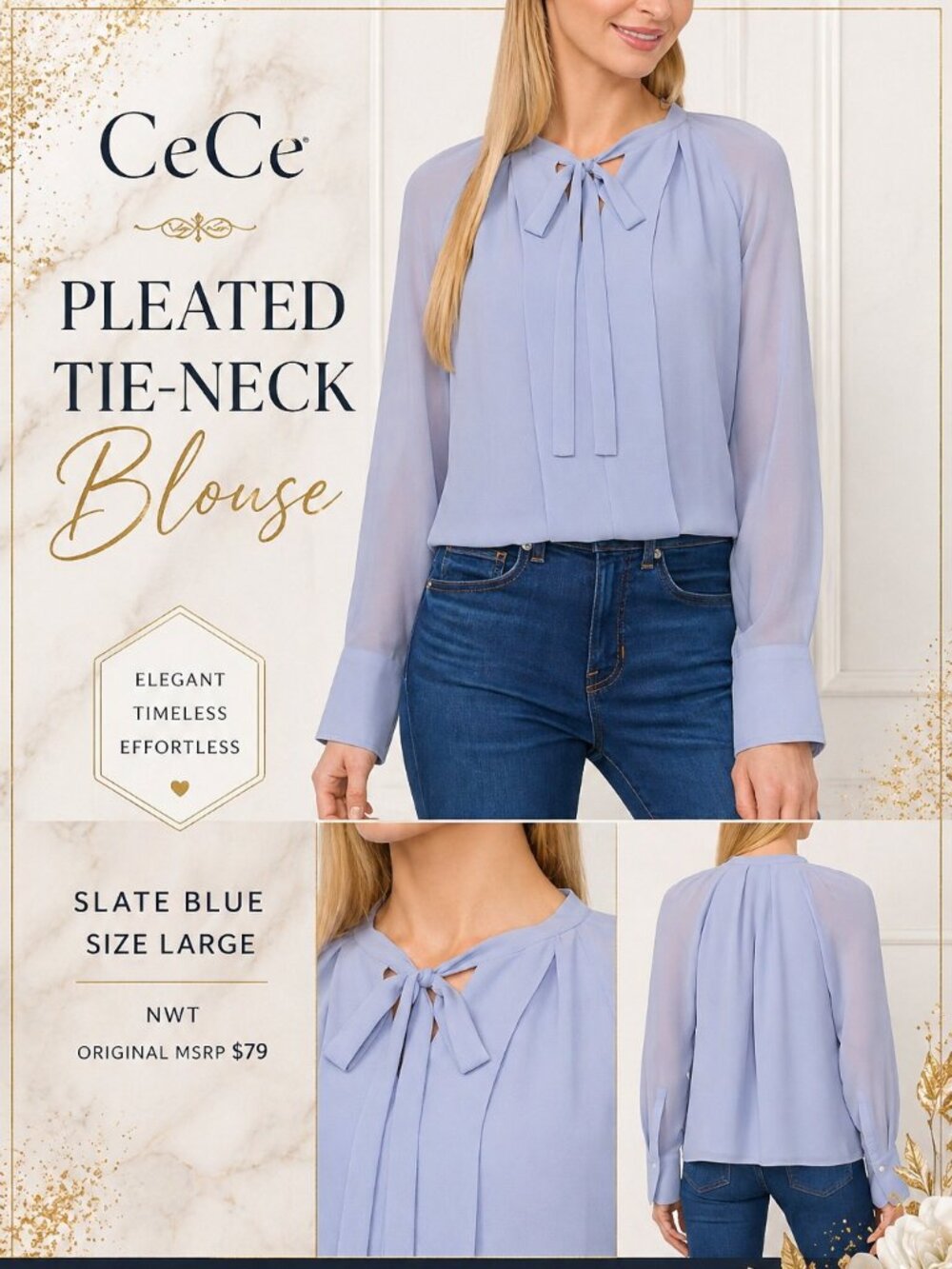 CeCe Pleated Tie Neck Blouse Slate Blue L NWT Career Office Top - Picture 2 of 7